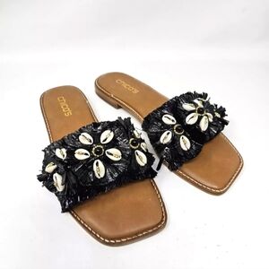 Chico’s Black Raffia Sea Shell Beaded Slide Sandals Size 8 M